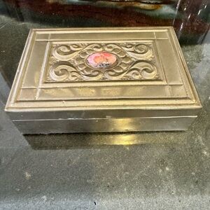 Ornate metal covered hinged Jewelry/trinket Box with Stone Accent